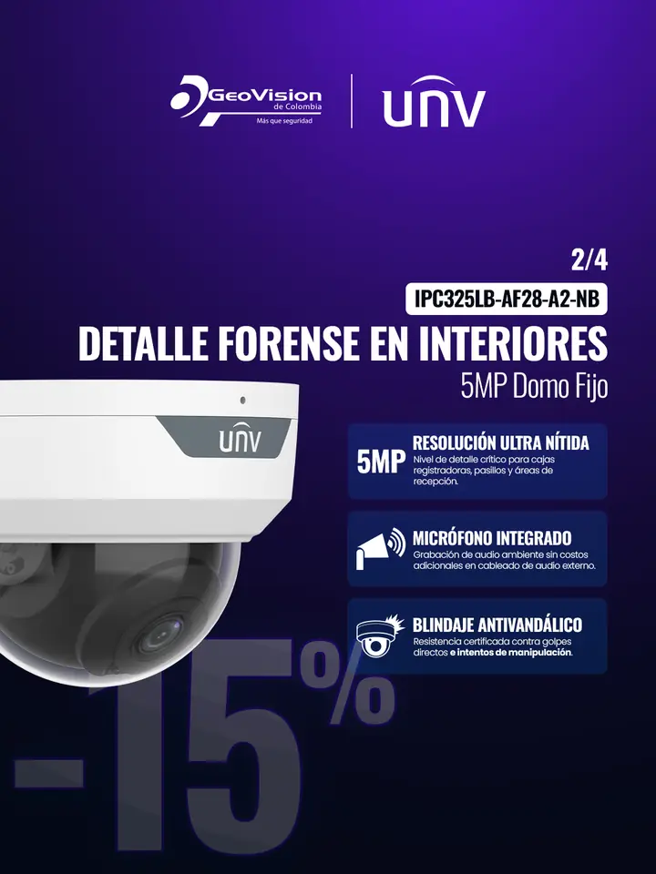 Cámara domo UNV IPC325LB-AF28-A2-NB 5MP con 15% de descuento