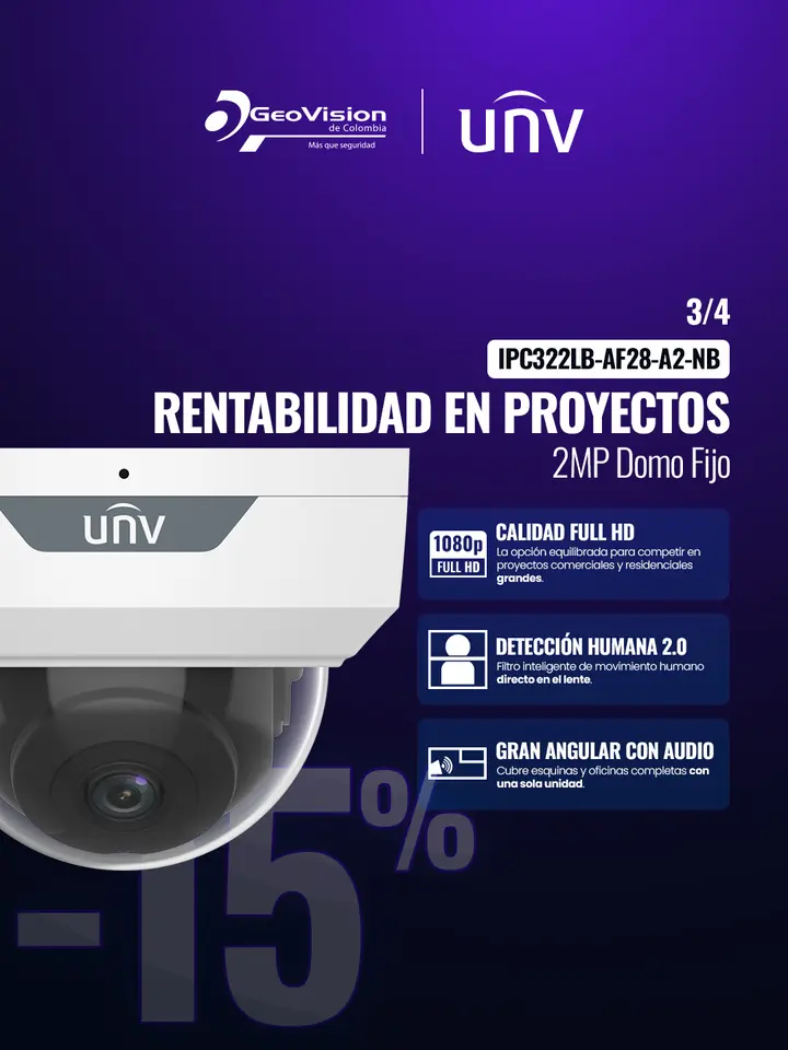 Cámara domo UNV IPC322LB-AF28-A2-NB 2MP con 15% de descuento